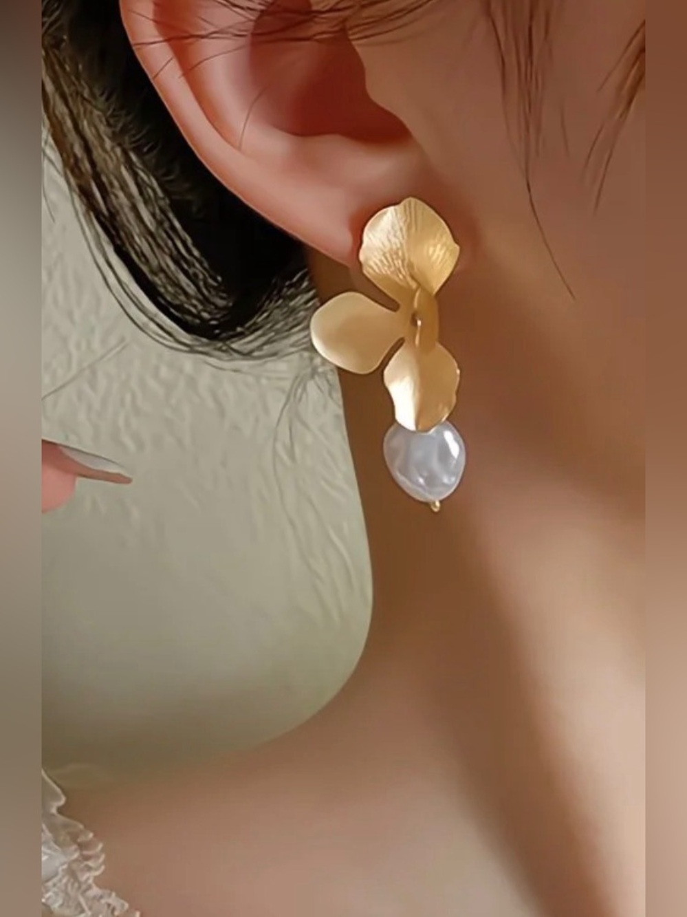 Gold Floral Drop Earrings with Pearl Pendant